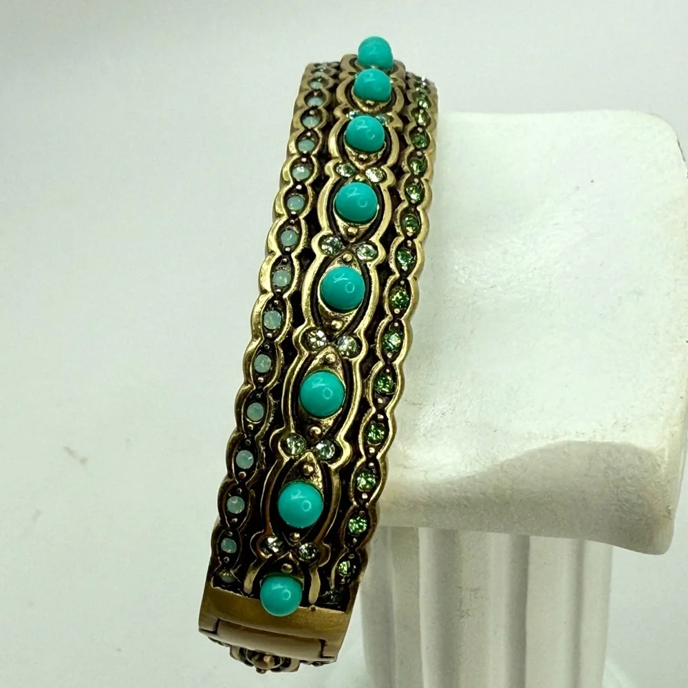 Vintage Heidi Daus Hinged Bangle Bracelet Turquoise Cabochon & Crystals Art Deco
